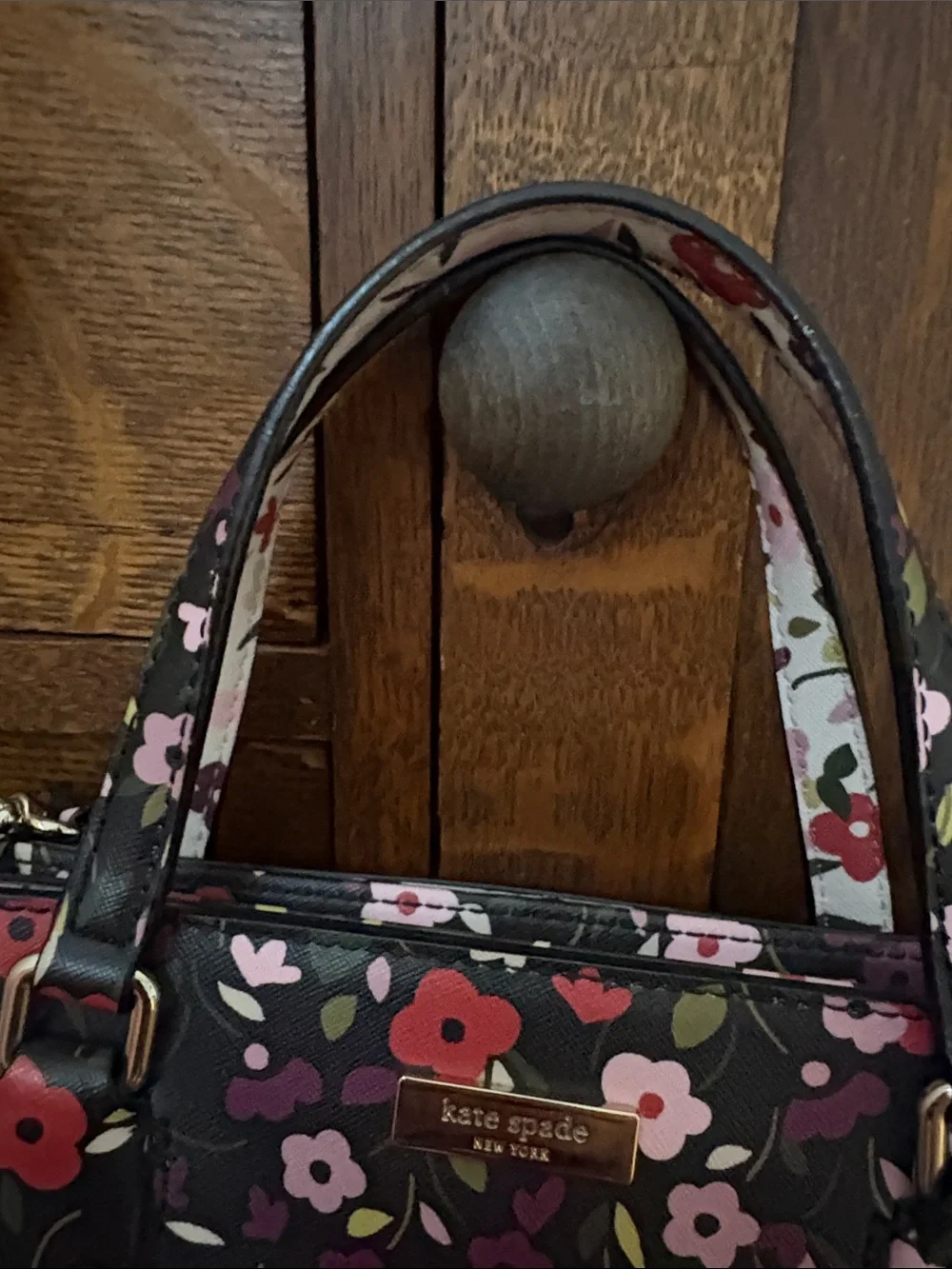 kate spade Black Floral Satchel with Pink and Red Accents